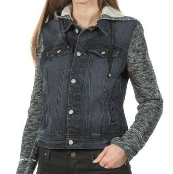 Black Denim Jacket With Knit Sleeves 